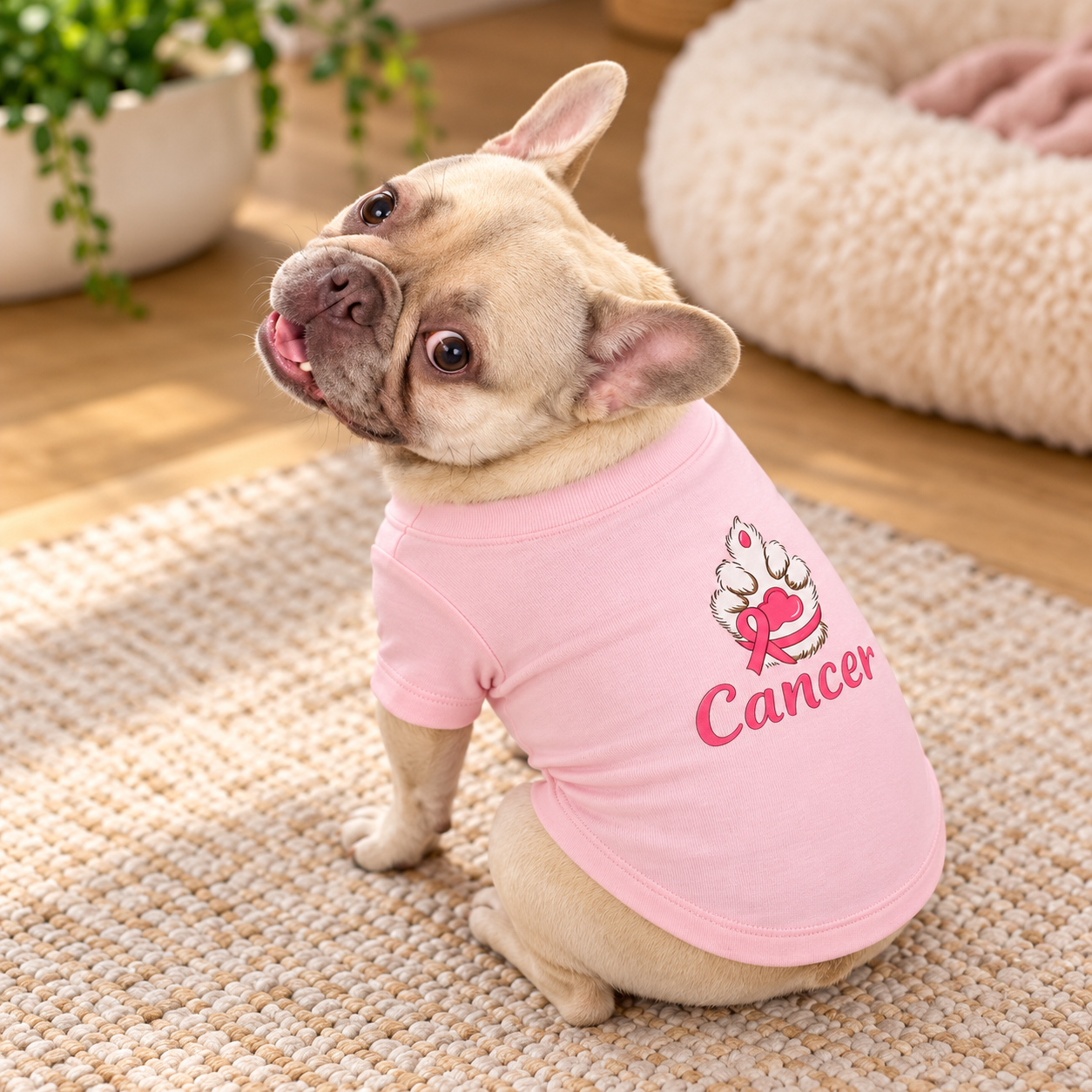 A small fawn French bulldog sits on a woven beige rug wearing a light pink T-shirt with a pink paw-print graphic and the word 'Cancer' printed on the back. The dog is posed in a cozy indoor setting with a wooden floor, a potted plant, and a cream pet bed in the background.
