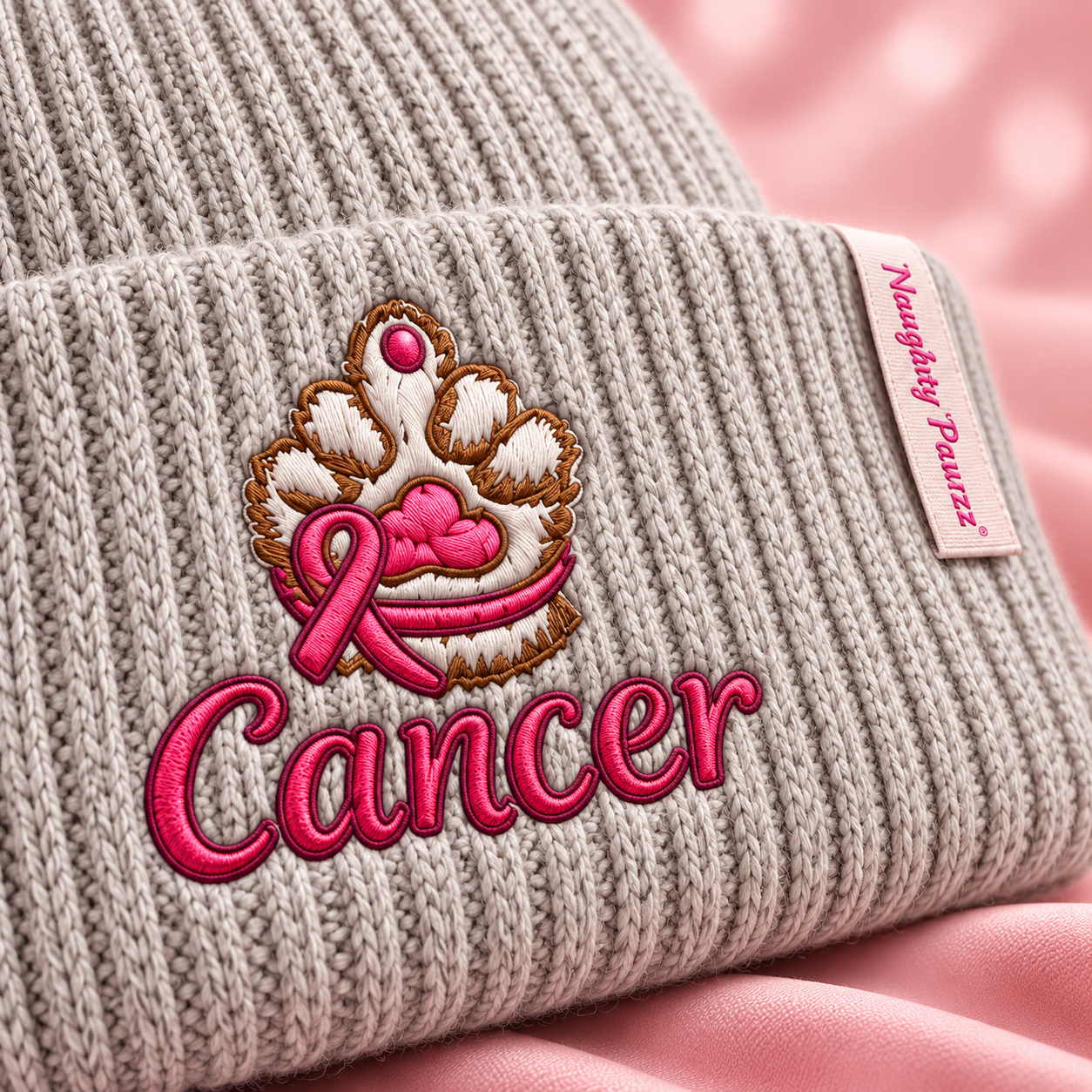 Close-up of a ribbed knit beanie in light taupe with an embroidered crown, pink ribbon, and the word "Cancer" in bright pink. A small side tag reads "Nourishing Power.
