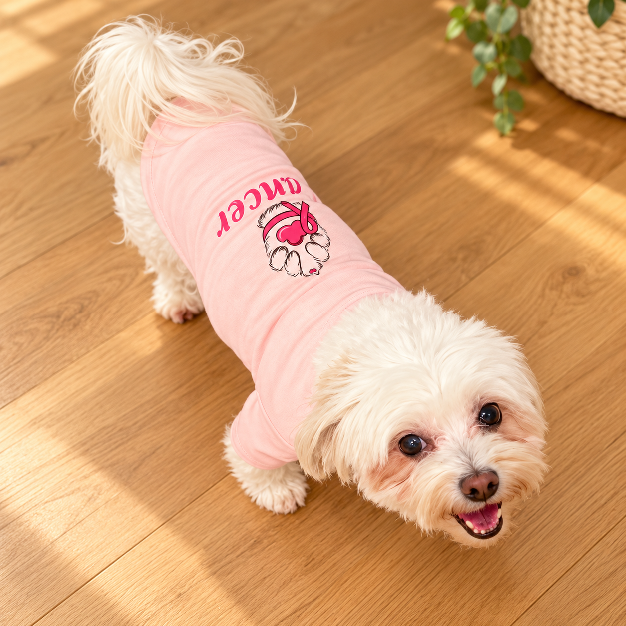 A small white dog wearing a pink pet shirt with a cartoon graphic and the word 'ancer' printed on the back, standing on a wooden floor.