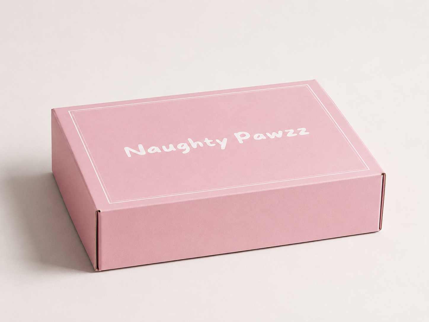 A pink rectangular box with the words 'Naughty Pawzz' printed in white script on the lid, photographed on a clean off-white background.