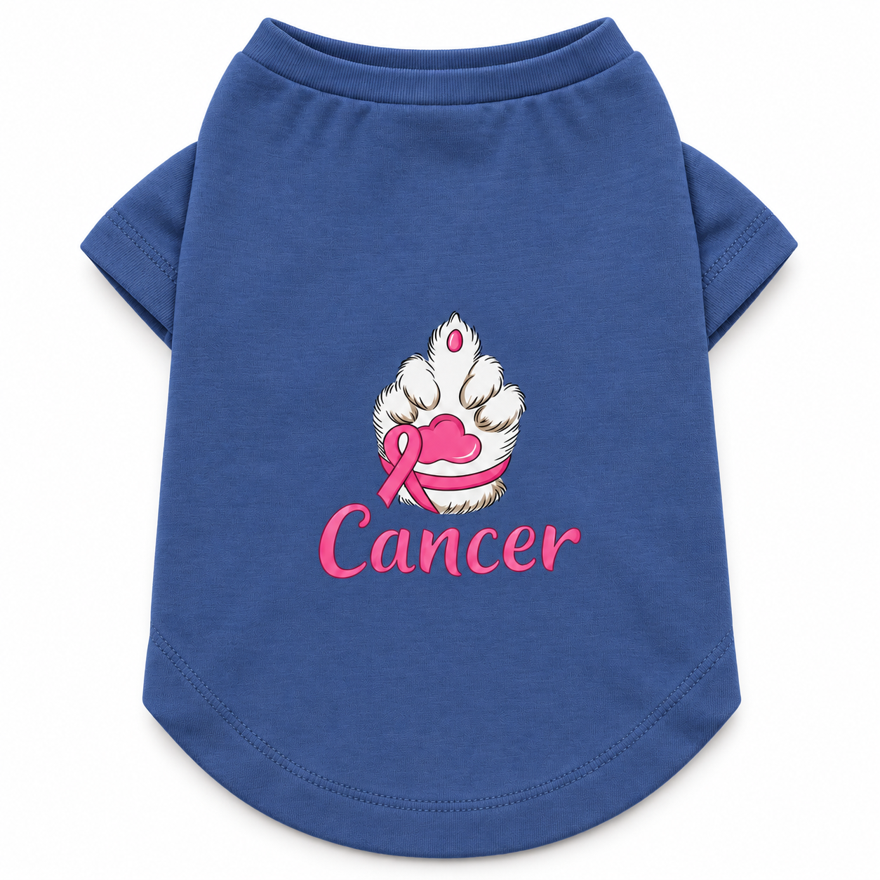 A royal blue pet t-shirt with a graphic on the front showing a paw print wrapped in a pink ribbon and the word 'Cancer' in pink script, displayed on a clean white background.