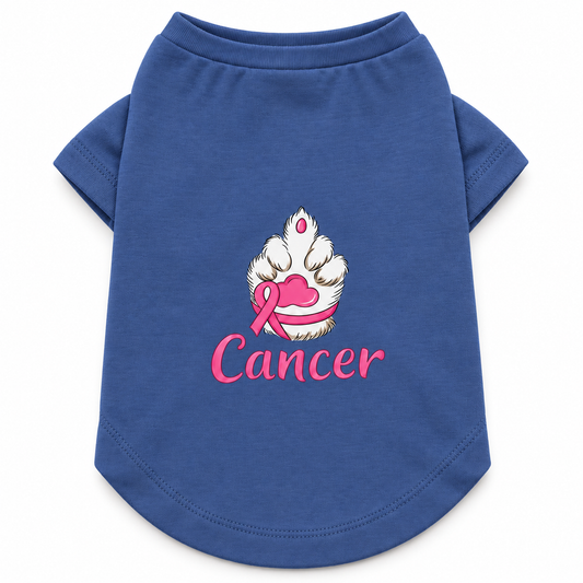 A royal blue pet t-shirt with a graphic on the front showing a paw print wrapped in a pink ribbon and the word 'Cancer' in pink script, displayed on a clean white background.