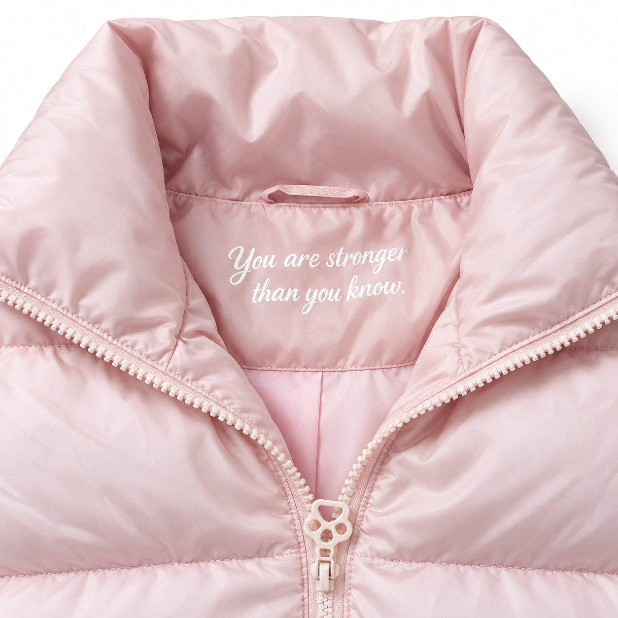 Close-up of a light pink puffer jacket with a high collar, white script text reading 'You are stronger than you know.' on the inside neck, and a white zipper pull shaped like a paw.