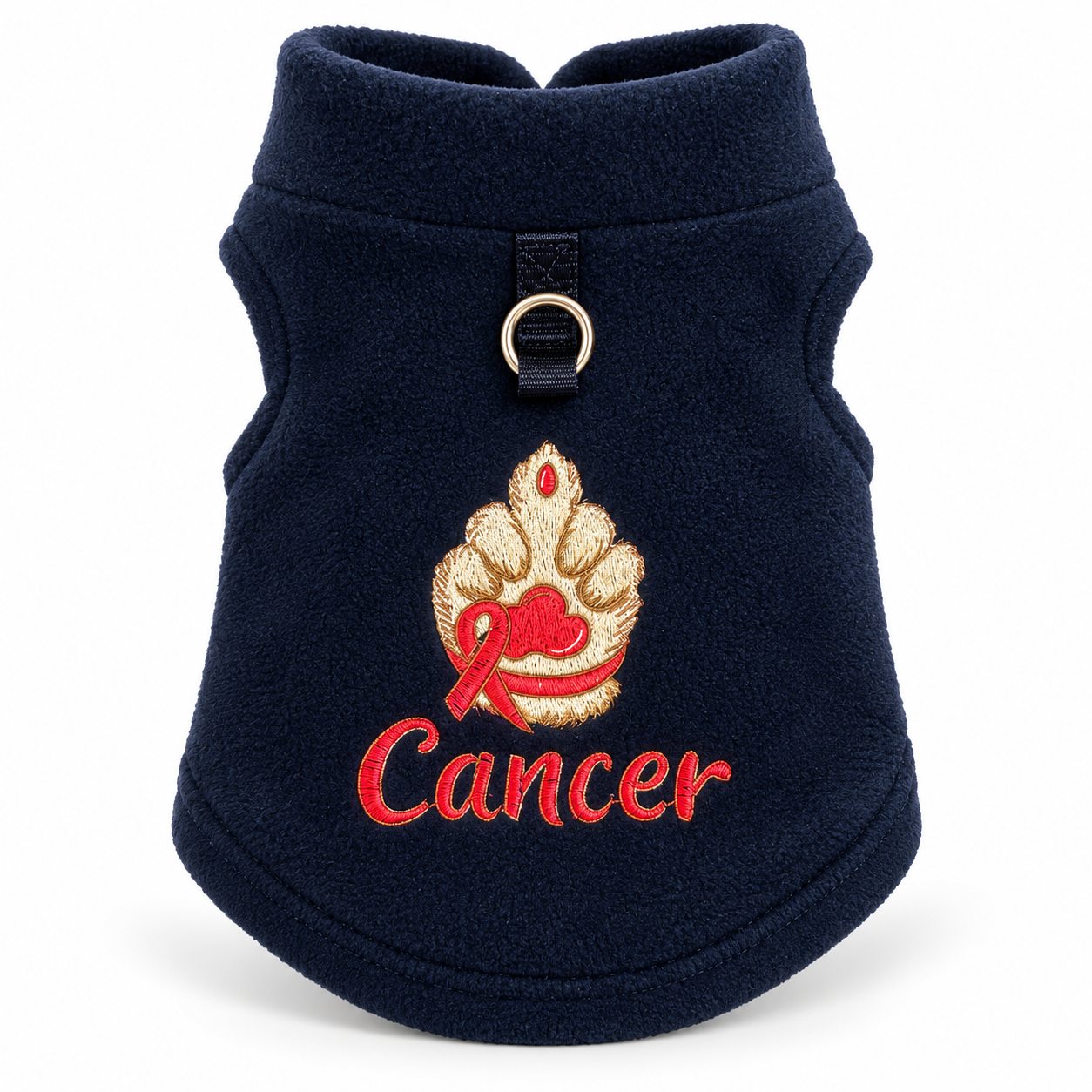 A navy blue fleece pet sweater with an embroidered design featuring a gold and red paw print with a red ribbon and the word 'Cancer' in red script.
