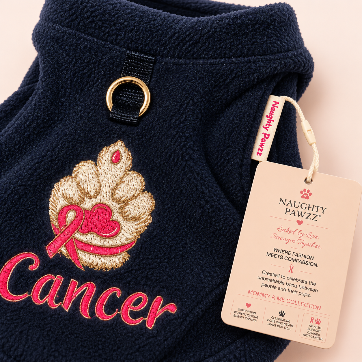 Close-up of a navy fleece pet sweater with an embroidered paw print, pink ribbon, and the word 'Cancer' in pink. A beige hangtag for Naughty Pawzz is attached near the collar.