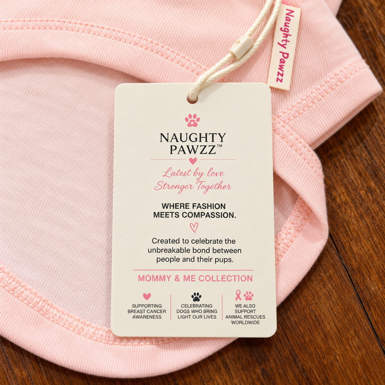 A close-up of a light pink garment laid flat on a dark wood surface, with a hanging paper tag reading Naughty Pawzz and a small sewn brand tab also visible.