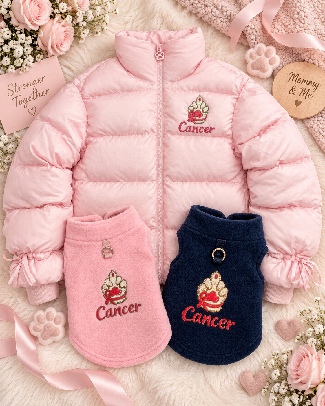 Pink puffer jacket with a embroidered dog paw with a pink ribbon around the wrist with the word cancer underneath the dog paw. A blue and a pink  dog fleece with a embroidered dog paw with the word cancer underneath the dog paw image.