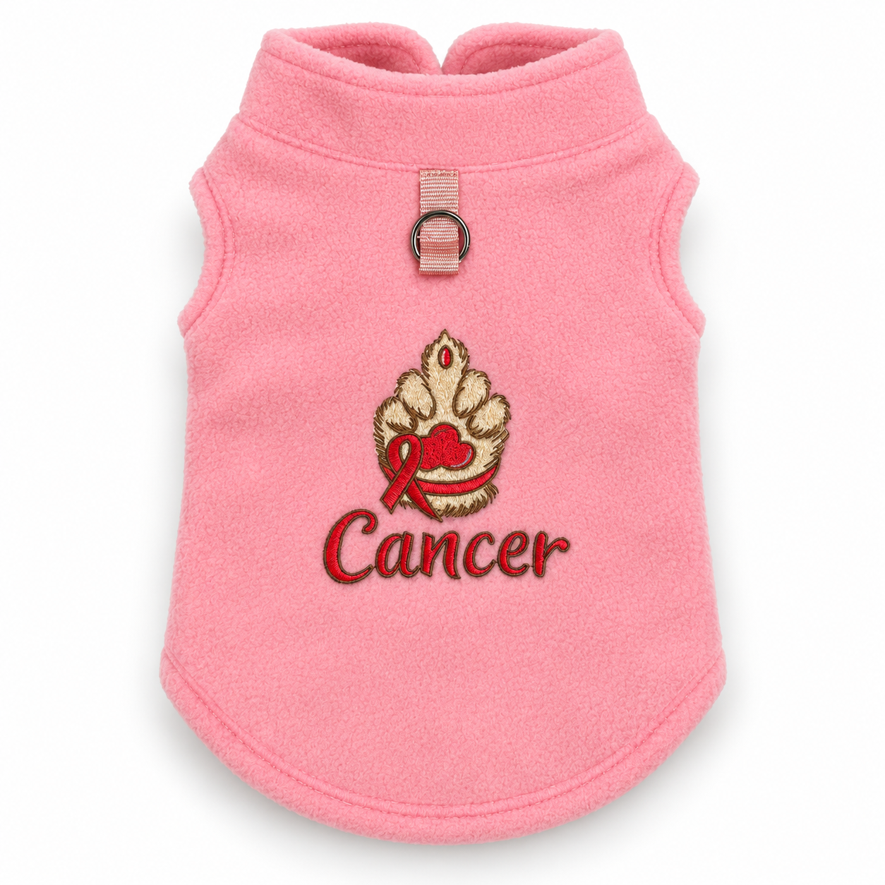 A soft pink fleece pet sweater with an embroidered design featuring a gold and red paw print with a red ribbon and the word 'Cancer' in red script.