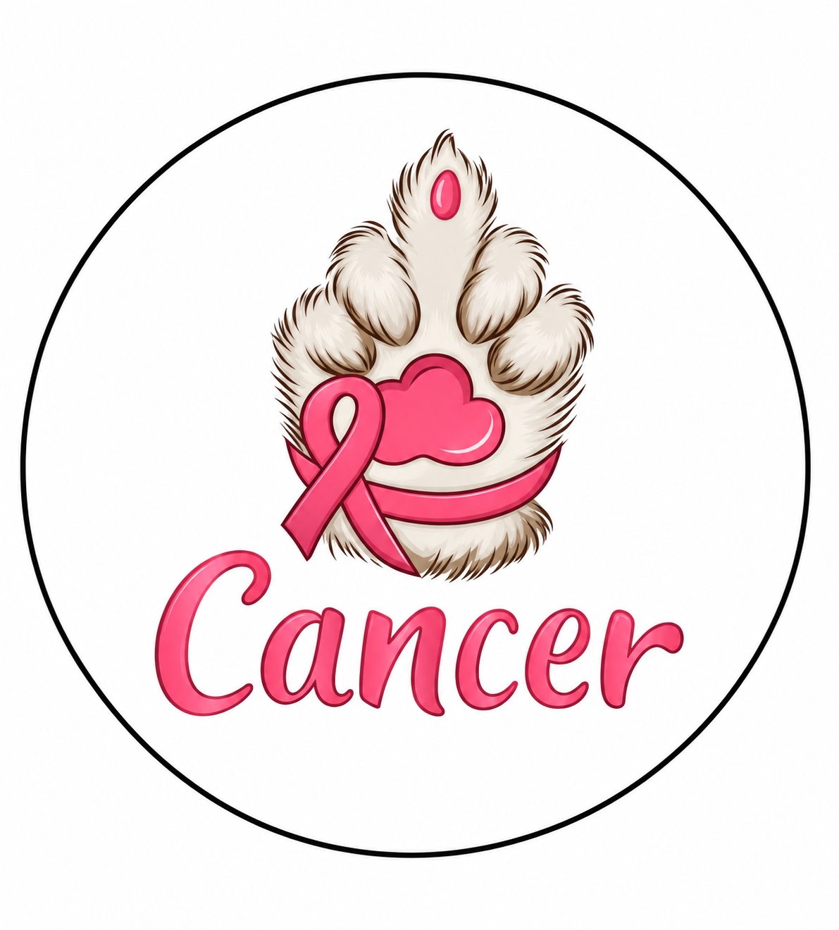 A circular graphic design featuring a stylized paw print with a pink awareness ribbon and heart, above the word 'Cancer' in pink script, on a white background with a thin black circle border.