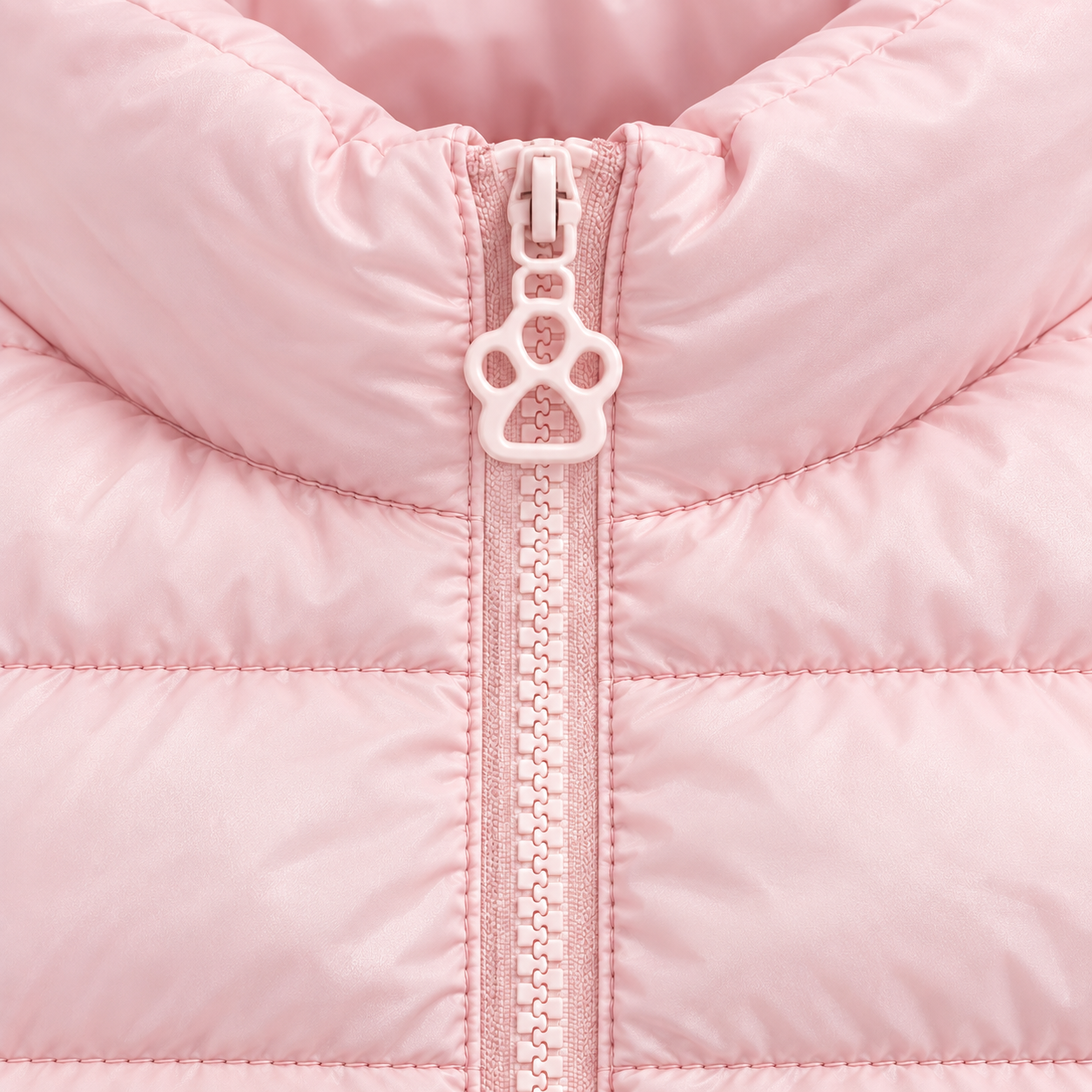 Close-up of a light pink puffer jacket with a high collar and a matching pink paw-shaped zipper pull.
