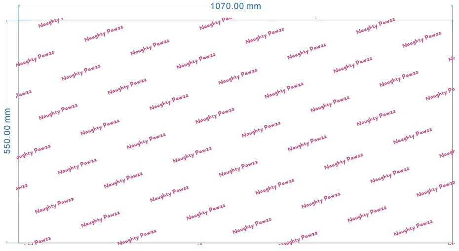 A flat rectangular sheet with repeated diagonal 'Naughty Jaws' text in red, shown on a white background with dimension lines indicating 1070.00 mm by 550.