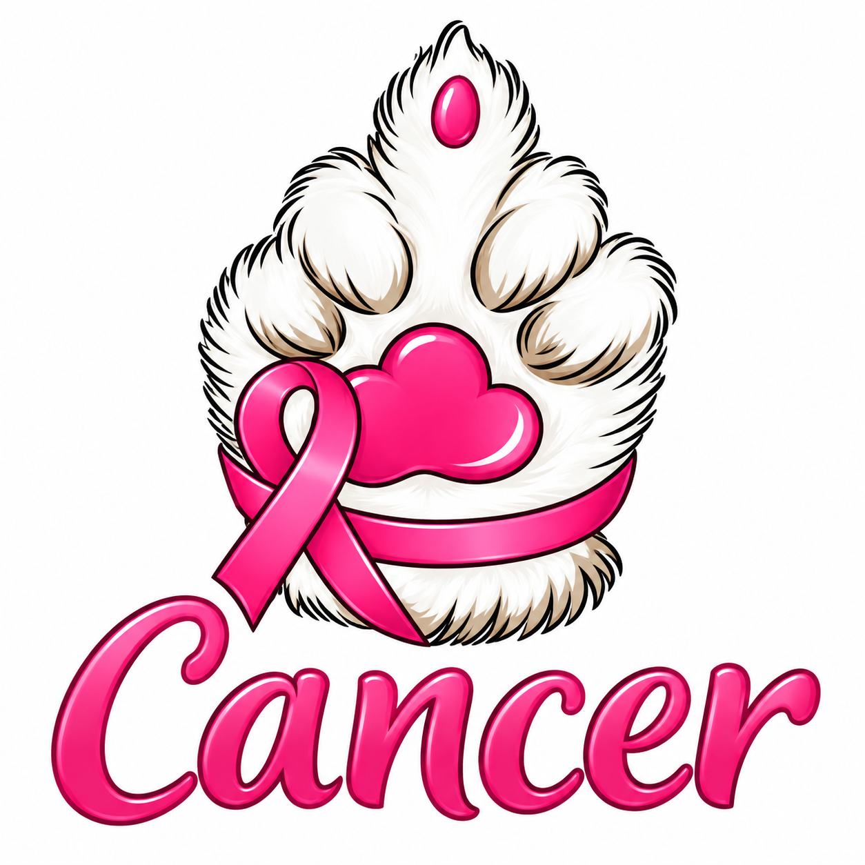 A stylized paw print with a pink awareness ribbon and heart, topped with a small pink gem, above the word 'Cancer' in large pink script on a white background.