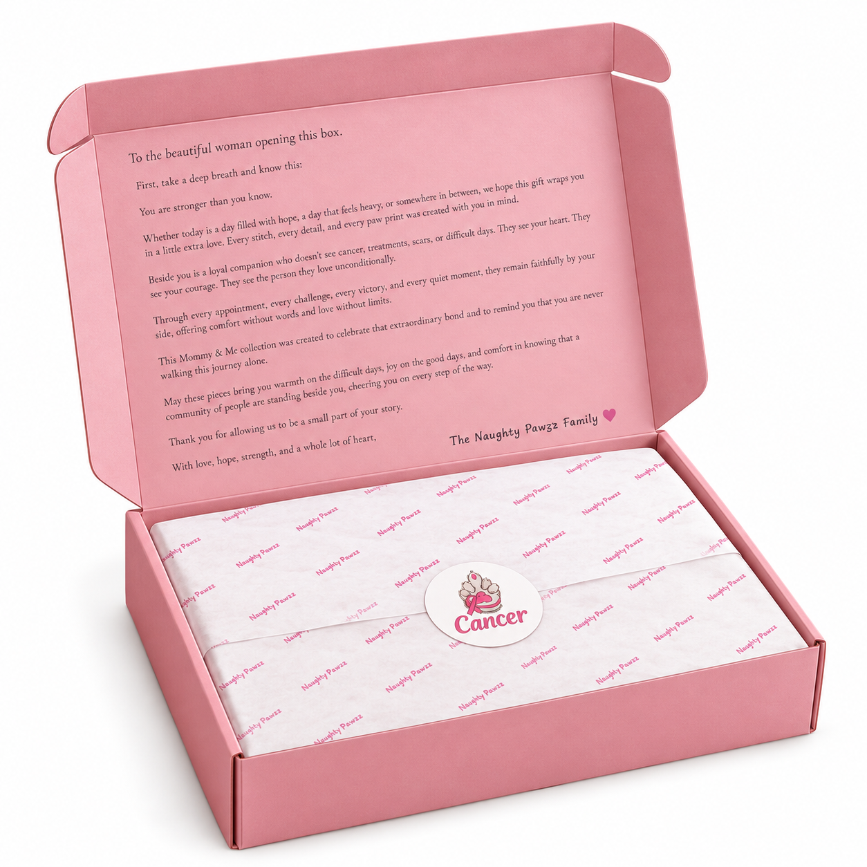An open pink gift box with printed love letters arranged inside, featuring a round pink wax seal with the word 'Cancer' and a small crown illustration. The inside lid contains a printed message, and the exterior box is branded 'The Naughty Dogs Family'.