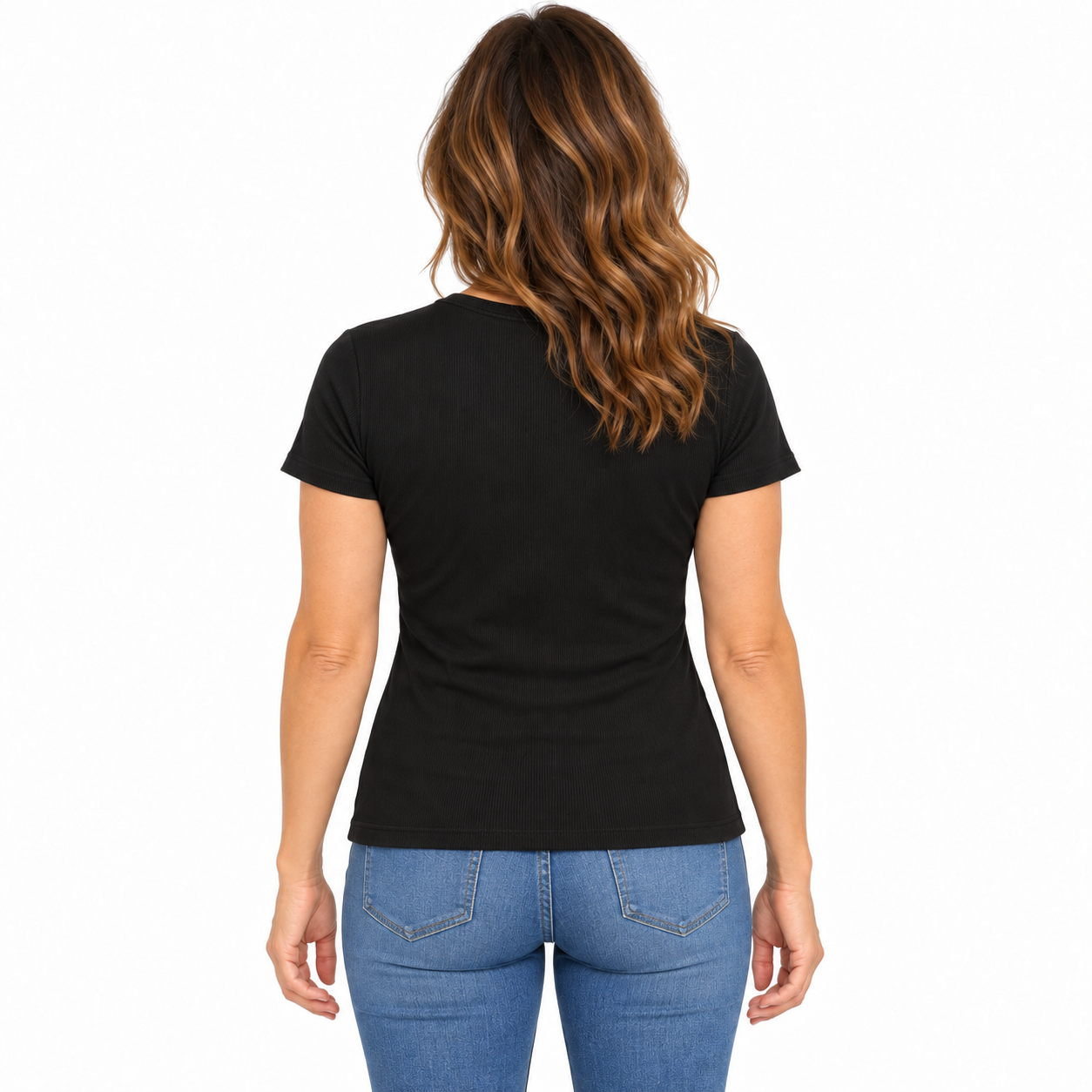 A woman viewed from the back wearing a fitted black short-sleeve t-shirt and blue jeans against a plain white background.